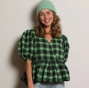 NWT Ganni plaid M Top checked seersucker wrap blouse green black 6 puff sleeve